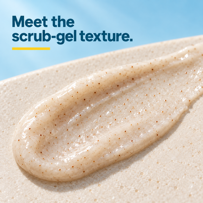 Close-up of BuffOut's cream-colored scrub-gel texture with fine exfoliating particles